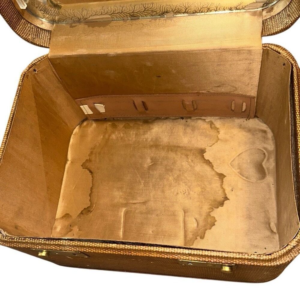 VTG MCM WOODEN, tweed, textured train case w mirror Hard Shell Train/Cosmetic/Ma - Picture 8 of 9